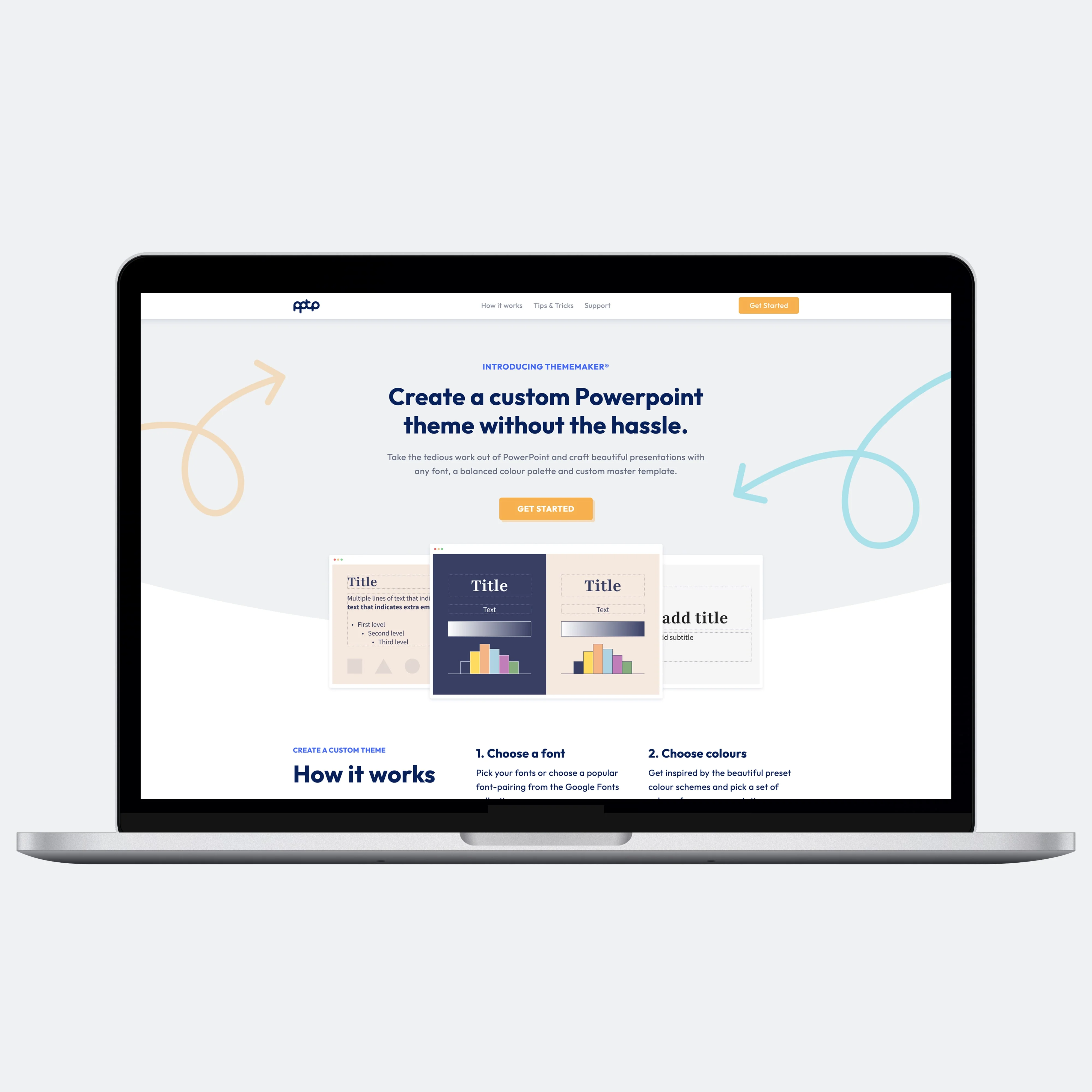 ThemeMaker on a laptop showing a generated PowerPoint theme